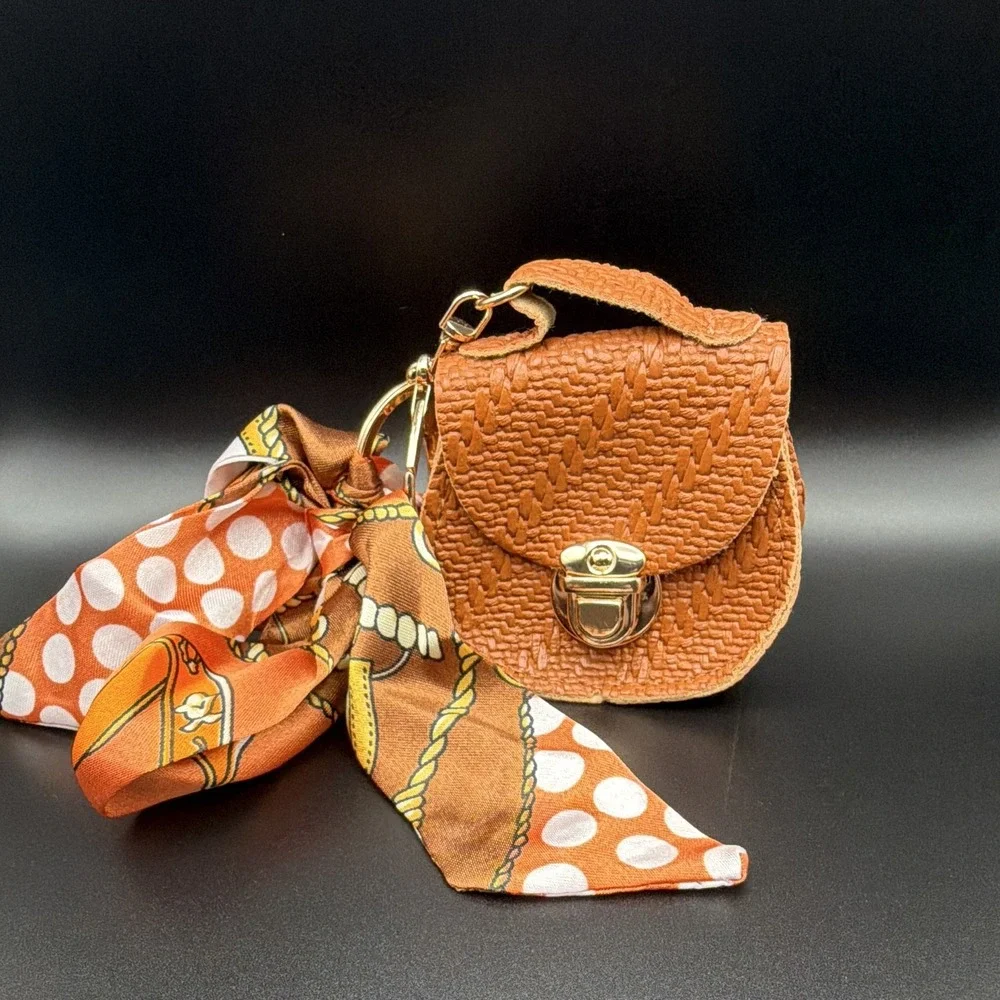 Mini Bag Charm Keychain w/ Key Ring, Detachable Scarf, Brown/Orange Geometric